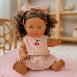 Dolls Vintage Pink & Ivory Frilled 3pc Set with Cherry Embroidery - Fits 34-38cm