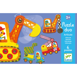 Djeco Duo Puzzle | Vehicles 6 x 2pc Articulated Vehicles Puzzle Set