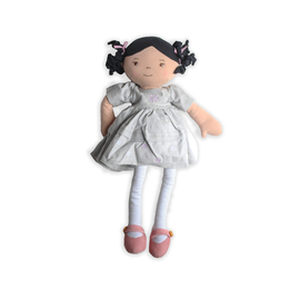Bonikka Rag Doll - Maliah with Black Hair & Grey Linen Dress