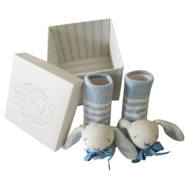 Maud N Lil Organic Cotton Baby Rattle Socks - White/Blue Bunny (Gift Boxed)