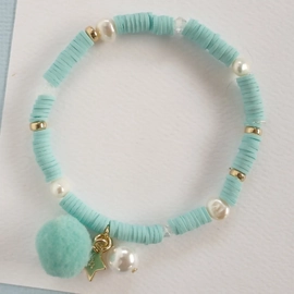 Aqua Blue Elastic Bracelet With pom Pom And Pearl