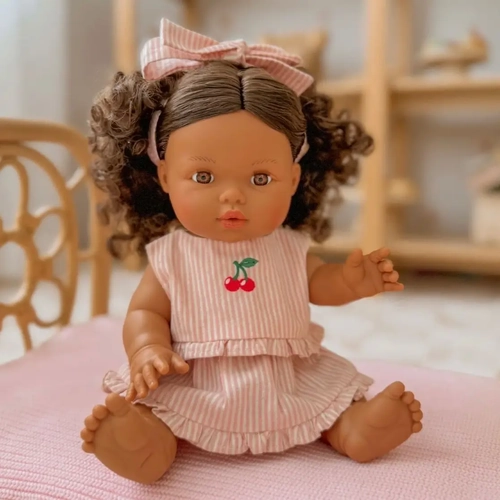 Dolls Vintage Pink & Ivory Frilled 3pc Set with Cherry Embroidery - Fits 34-38cm