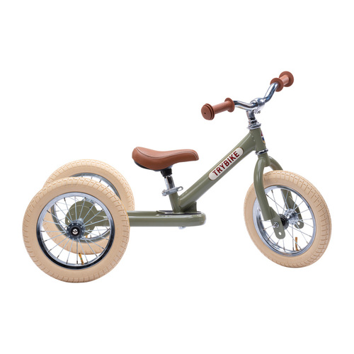 TryBike Steel 2in1 Vintage Green w Cream Tyres & Chrome